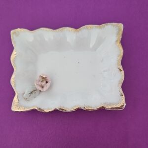 Vintage White Porcelain Dainty Ring Trinket Tray With Rose And Gold Trim